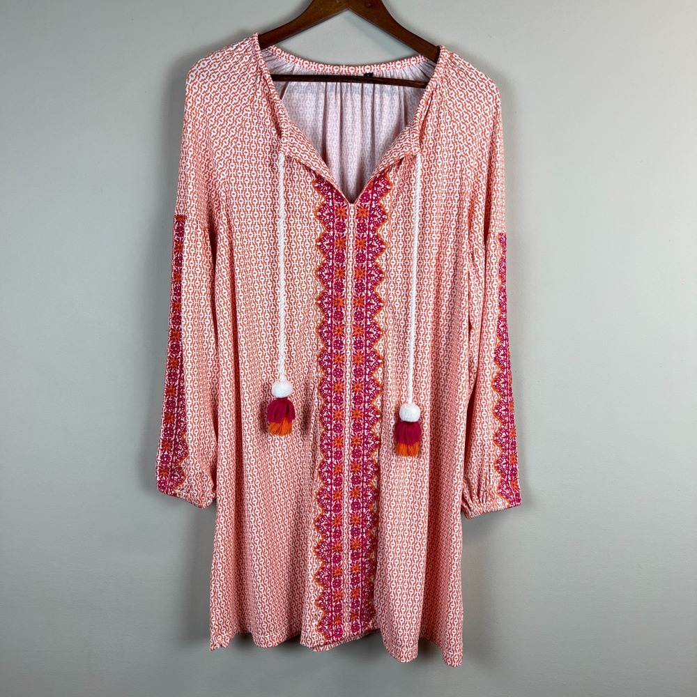 Cabana Life Tulum Coverlux Tassel Tunic Dress Large Orange UPF 50 Embroidered L